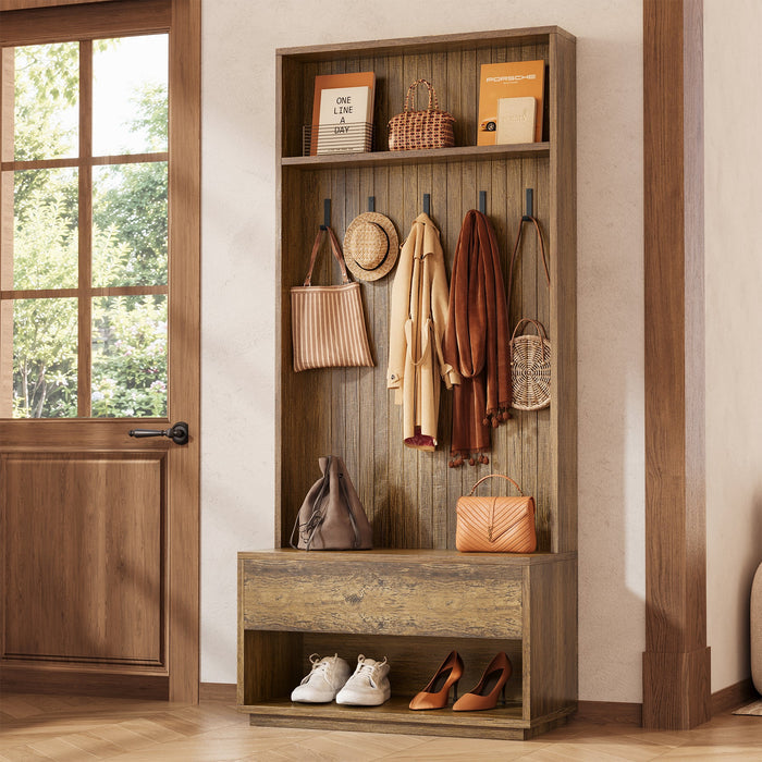 70.87-Inch Hall Tree with Bench and Shoe Storage, 5-in-1 Organizer with Drawer and 5 Hooks