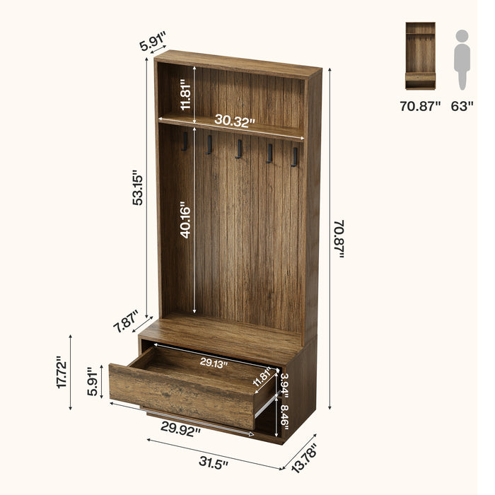 70.87-Inch Hall Tree with Bench and Shoe Storage, 5-in-1 Organizer with Drawer and 5 Hooks
