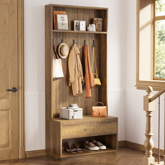 70.87-Inch Hall Tree with Bench and Shoe Storage, 5-in-1 Organizer with Drawer and 5 Hooks