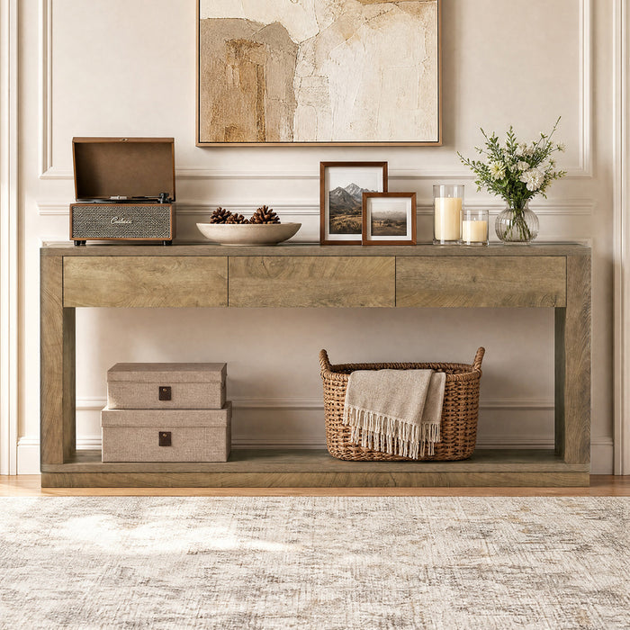 70.9" Console Table with 3-Drawer, Long Sofa Table with Open Storage Shelf for Entryway