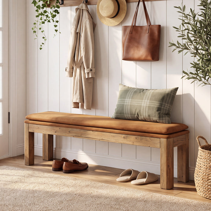 70.9" Entryway Bench, Farmhouse Solid Wood Dining Bench with Removable Cushion