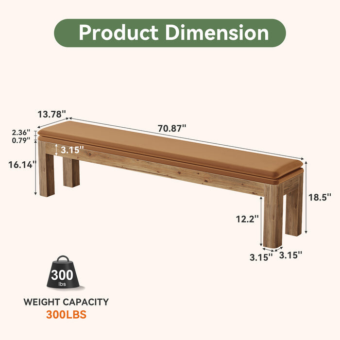 70.9" Entryway Bench, Farmhouse Solid Wood Dining Bench with Removable Cushion