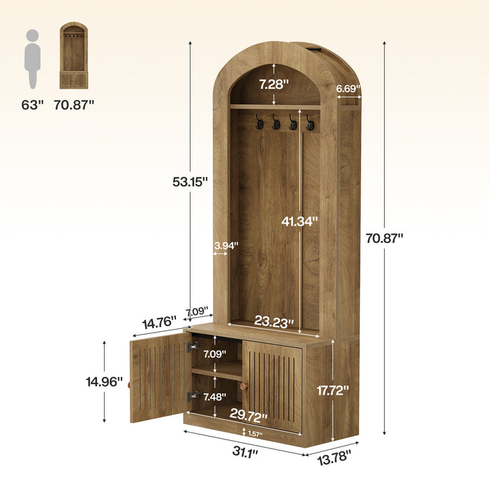 70.9" Hall Tree With Bench and Shoe Storage, 4-In-1 Entryway Bench With Storage Shelves