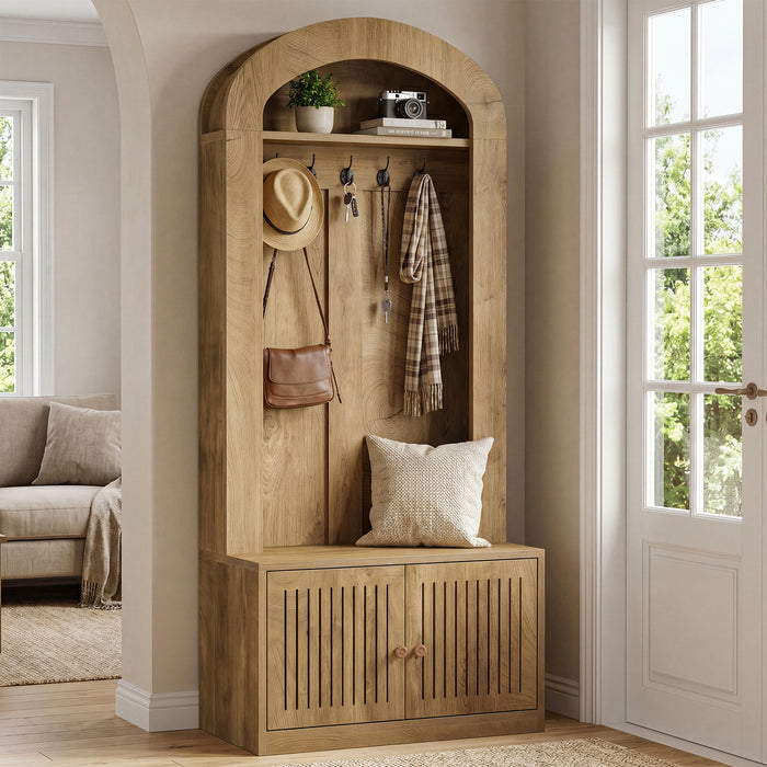 70.9" Hall Tree With Bench and Shoe Storage, 4-In-1 Entryway Bench With Storage Shelves