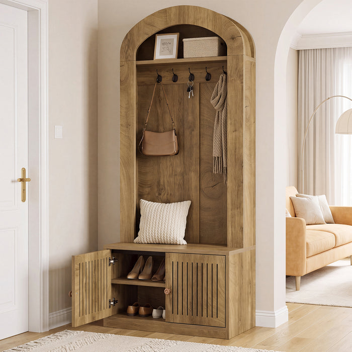70.9" Hall Tree With Bench and Shoe Storage, 4-In-1 Entryway Bench With Storage Shelves