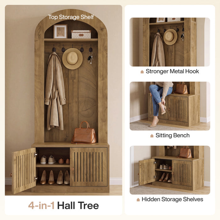 70.9" Hall Tree With Bench and Shoe Storage, 4-In-1 Entryway Bench With Storage Shelves