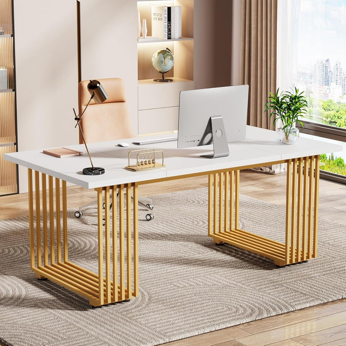 70.9" Modern Executive Desk, Gold and White Desk