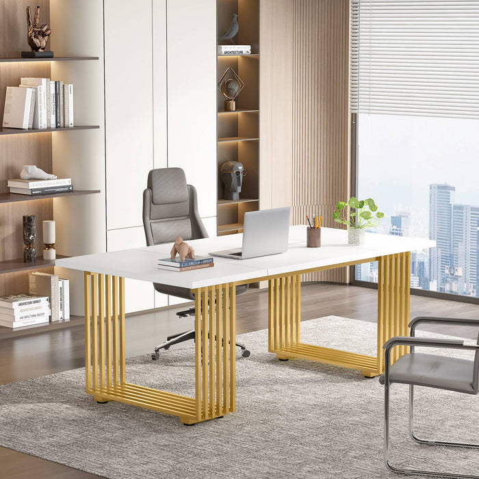 70.9" Modern Executive Desk, Gold and White Desk