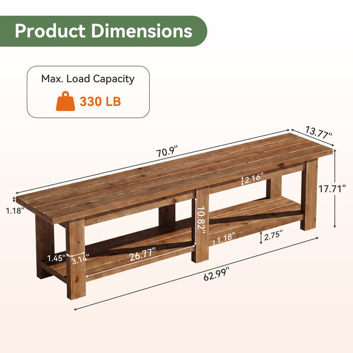 70.9" Solid Wood Entryway Shoe Bench, Extra Long Wooden Seating Bench