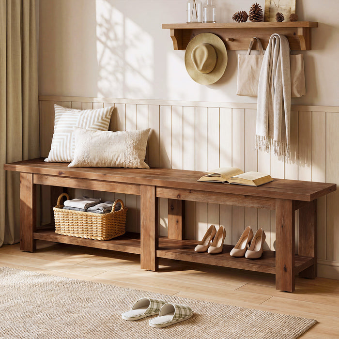 70.9" Solid Wood Entryway Shoe Bench, Extra Long Wooden Seating Bench
