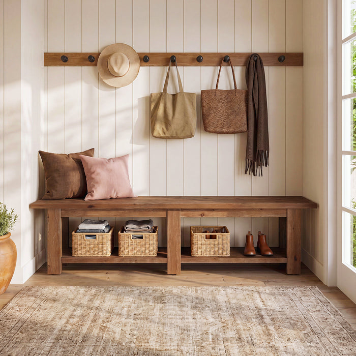 70.9" Solid Wood Entryway Shoe Bench, Extra Long Wooden Seating Bench