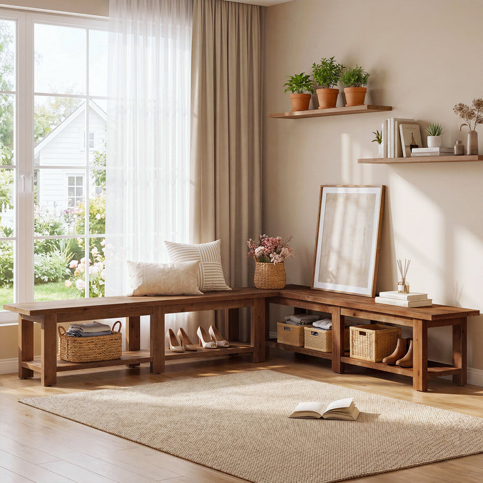 70.9" Solid Wood Entryway Shoe Bench, Extra Long Wooden Seating Bench