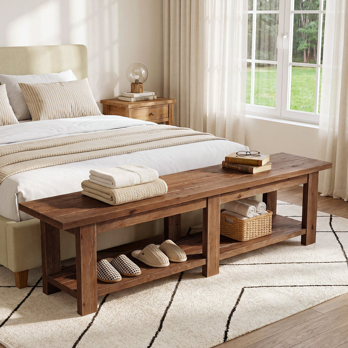 70.9" Solid Wood Entryway Shoe Bench, Extra Long Wooden Seating Bench