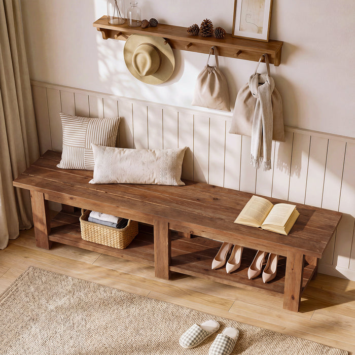 70.9" Solid Wood Entryway Shoe Bench, Extra Long Wooden Seating Bench