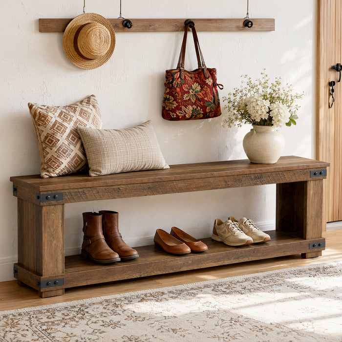 71" Entryway Bench with Shoe Storage, Farmhouse Shoe Bench with Metal Corner Brackets