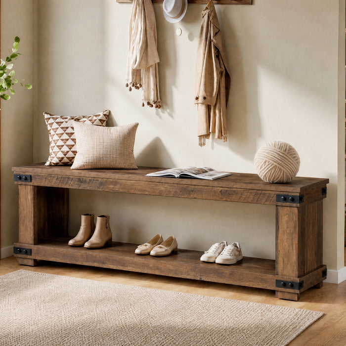 71" Entryway Bench with Shoe Storage, Farmhouse Shoe Bench with Metal Corner Brackets