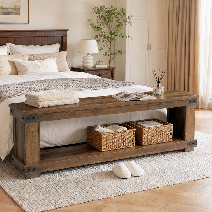71" Entryway Bench with Shoe Storage, Farmhouse Shoe Bench with Metal Corner Brackets
