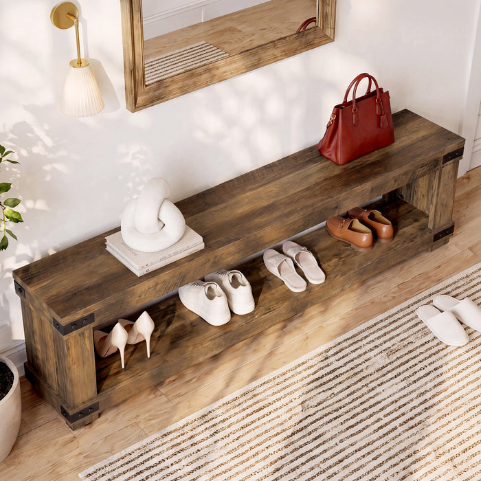 71" Entryway Bench with Shoe Storage, Farmhouse Shoe Bench with Metal Corner Brackets