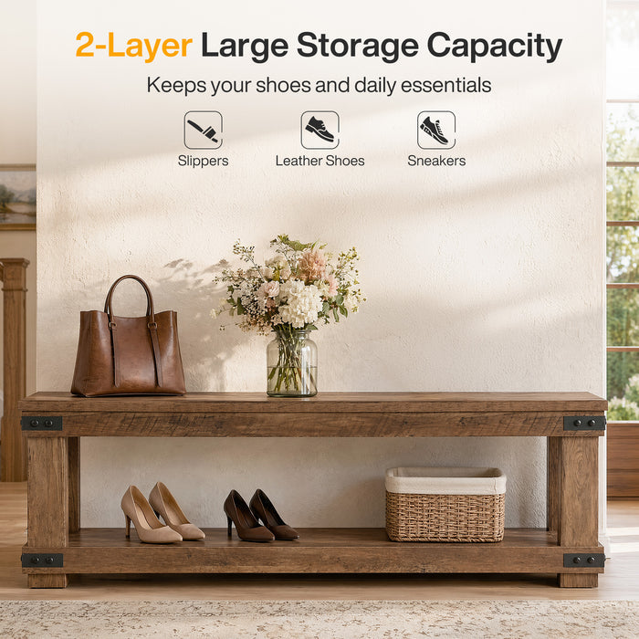 71" Entryway Bench with Shoe Storage, Farmhouse Shoe Bench with Metal Corner Brackets