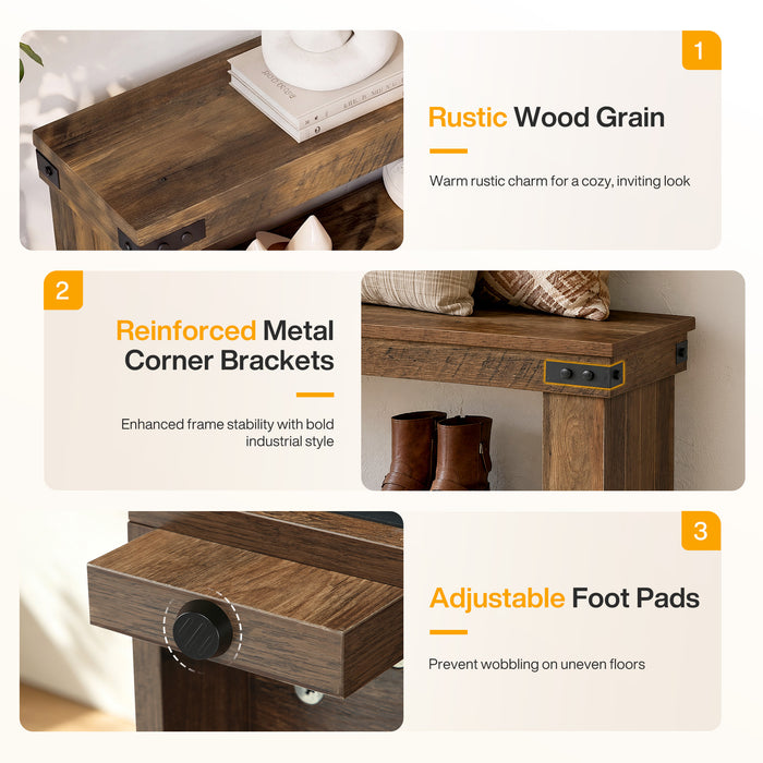 71" Entryway Bench with Shoe Storage, Farmhouse Shoe Bench with Metal Corner Brackets