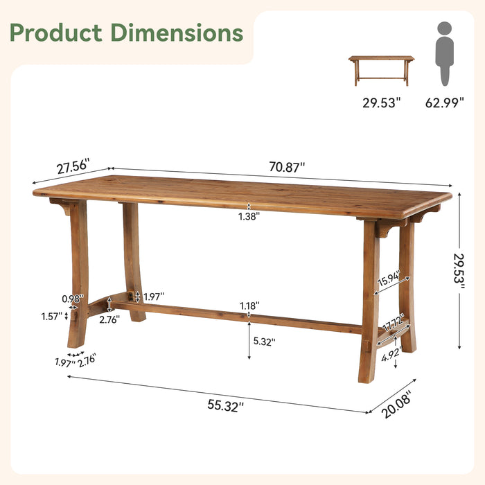 71" Farmhouse Trestle Dining Table for 6-8, Solid Wood Rectangle Kitchen Table