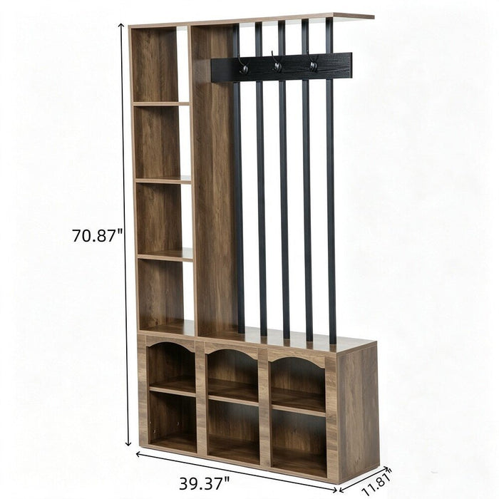 71" Freestanding Room Divider, Shelves & Coat Hooks, Shoe Storage, 39"W Hallway