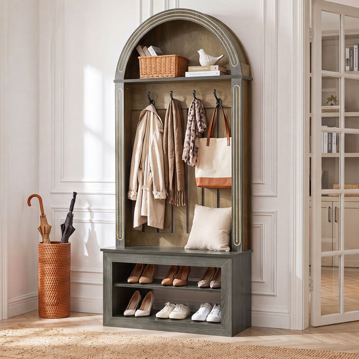 71" Hall Tree with Bench & Shoe Storage, Farmhouse Entryway Coat Rack, 4 Hooks, Open Shelf