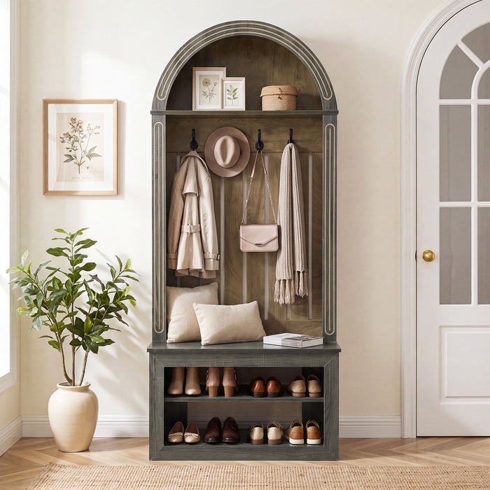 71" Hall Tree with Bench & Shoe Storage, Farmhouse Entryway Coat Rack, 4 Hooks, Open Shelf