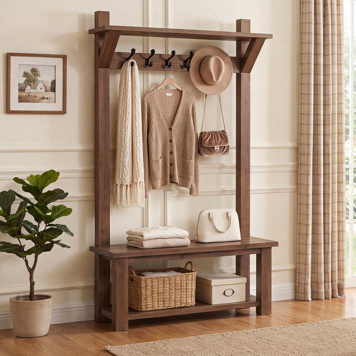 71" Solid Wood Hall Tree, 4-in-1 with 2-Tier Shoe Rack, 6 Hooks, Farmhouse Entryway