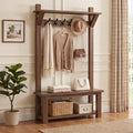 71" Solid Wood Hall Tree, 4-in-1 with 2-Tier Shoe Rack, 6 Hooks, Farmhouse Entryway