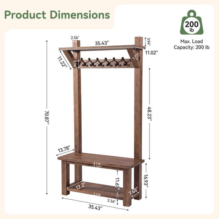 71" Solid Wood Hall Tree, 4-in-1 with 2-Tier Shoe Rack, 6 Hooks, Farmhouse Entryway