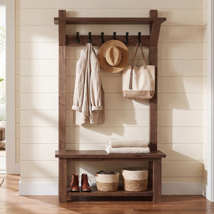 71" Solid Wood Hall Tree, 4-in-1 with 2-Tier Shoe Rack, 6 Hooks, Farmhouse Entryway