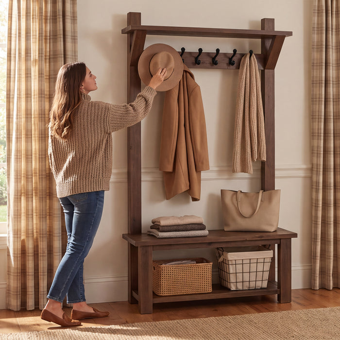 71" Solid Wood Hall Tree, 4-in-1 with 2-Tier Shoe Rack, 6 Hooks, Farmhouse Entryway