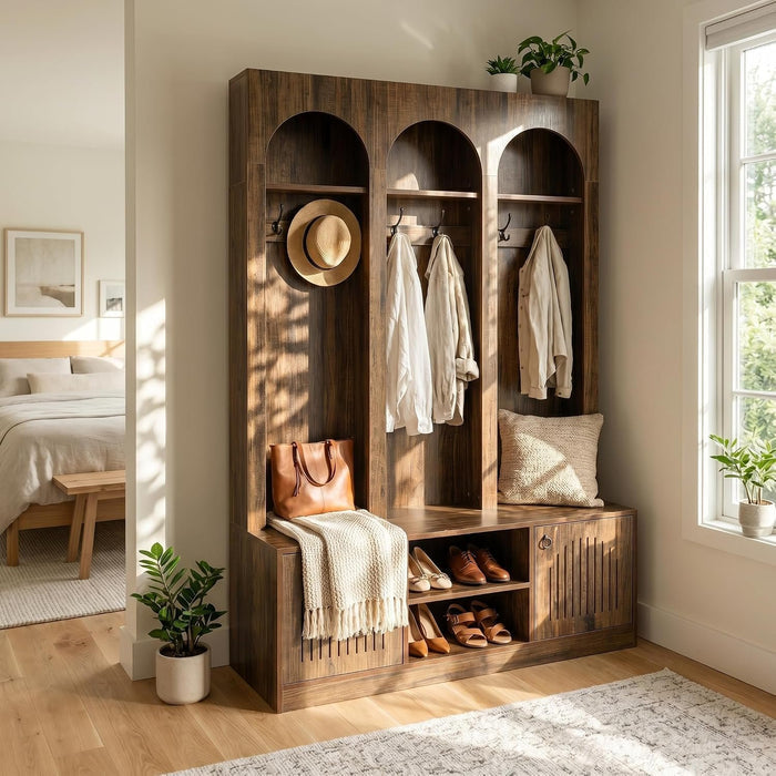 71" Tall 3 Arch Hall Tree, Entryway Coat Rack Shoe Storage Bench with 6 hooks