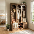 71" Tall 3 Arch Hall Tree, Entryway Coat Rack Shoe Storage Bench with 6 hooks