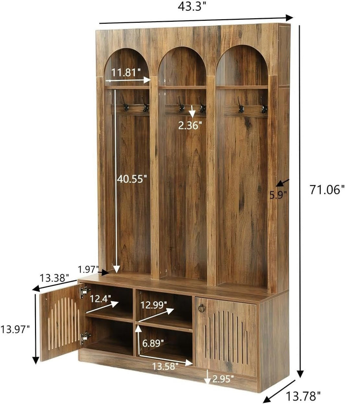 71" Tall 3 Arch Hall Tree, Entryway Coat Rack Shoe Storage Bench with 6 hooks