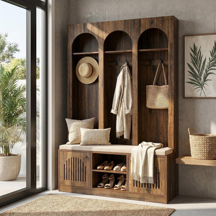 71" Tall 3 Arch Hall Tree, Entryway Coat Rack Shoe Storage Bench with 6 hooks