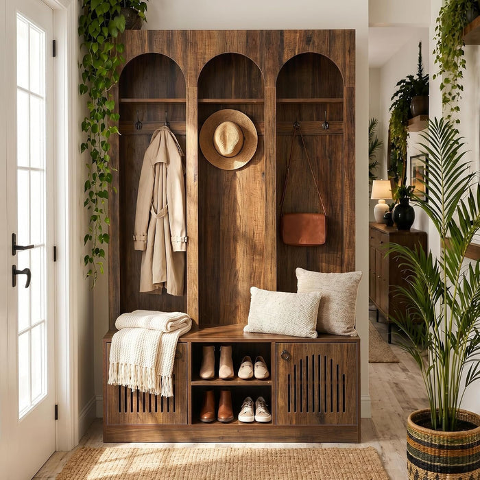71" Tall 3 Arch Hall Tree, Entryway Coat Rack Shoe Storage Bench with 6 hooks