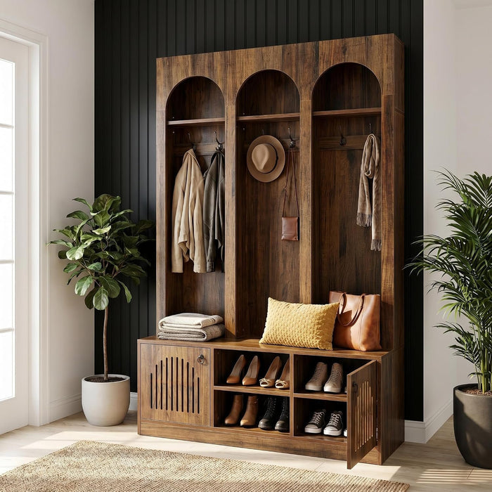 71" Tall 3 Arch Hall Tree, Entryway Coat Rack Shoe Storage Bench with 6 hooks