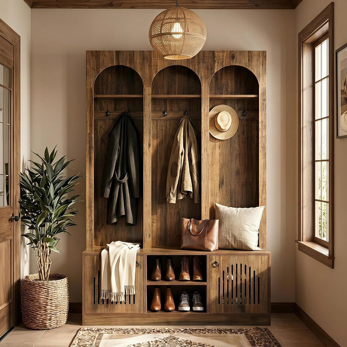 71" Tall 3 Arch Hall Tree, Entryway Coat Rack Shoe Storage Bench with 6 hooks