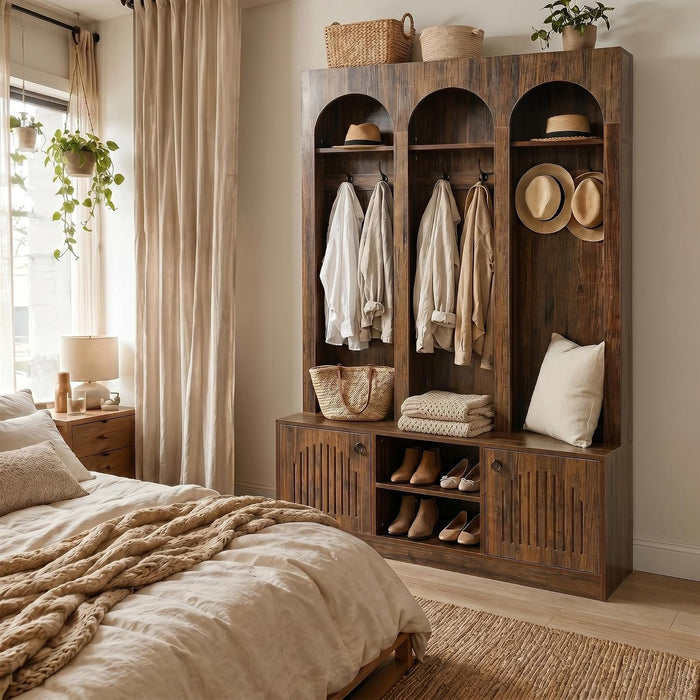 71" Tall 3 Arch Hall Tree, Entryway Coat Rack Shoe Storage Bench with 6 hooks