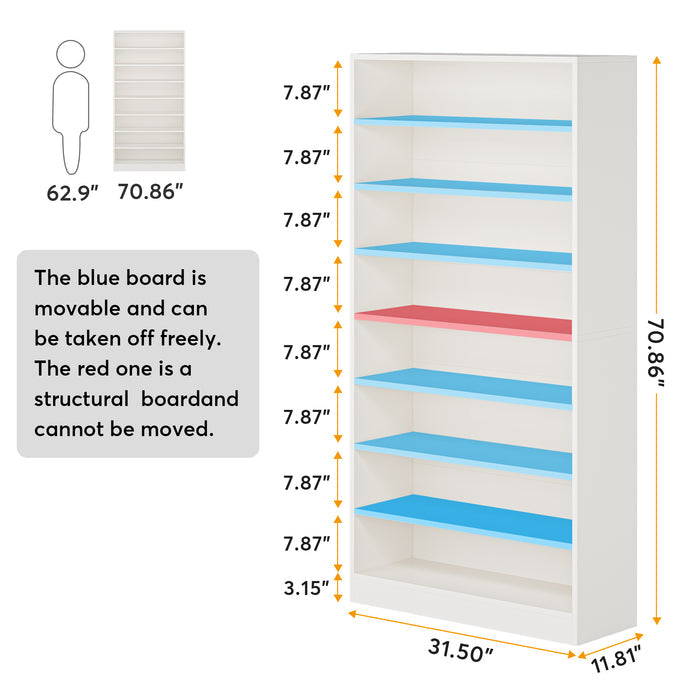 71" Tall 9 Tier Bookshelf with Open Display Shelves