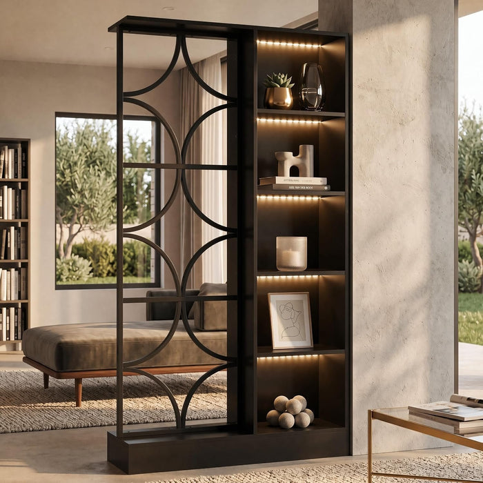 71" Tall Wall Room Divider, Freestanding Entrance Wall Partition with Shelves & LED Light