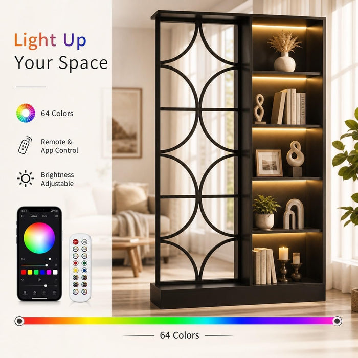 71" Tall Wall Room Divider, Freestanding Entrance Wall Partition with Shelves & LED Light