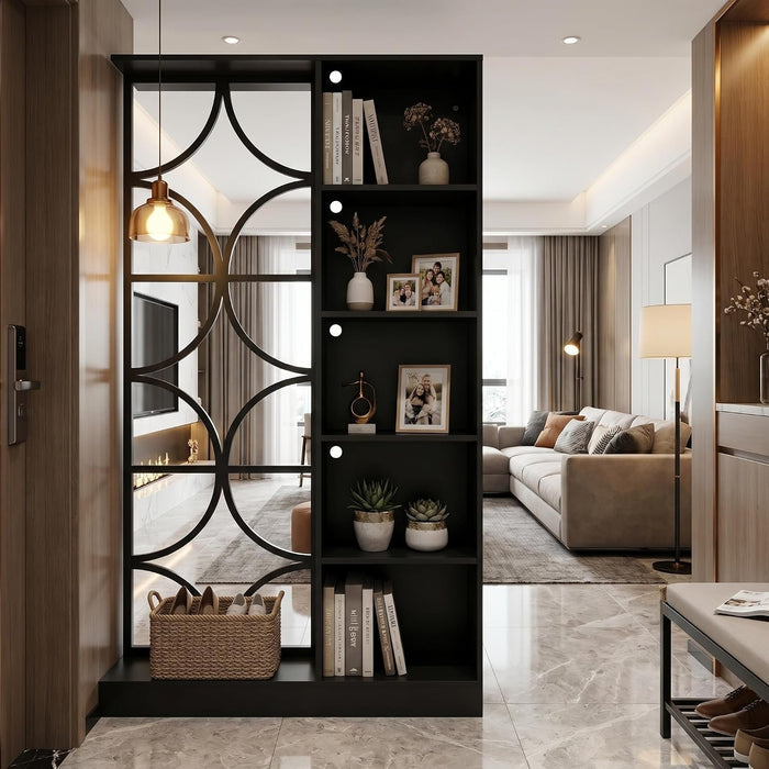 71" Tall Wall Room Divider, Freestanding Entrance Wall Partition with Shelves & LED Light