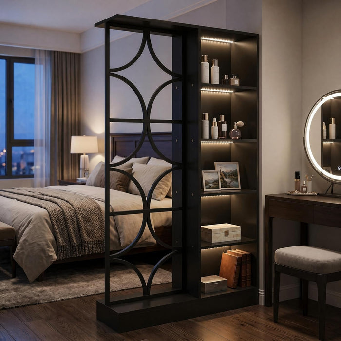 71" Tall Wall Room Divider, Freestanding Entrance Wall Partition with Shelves & LED Light