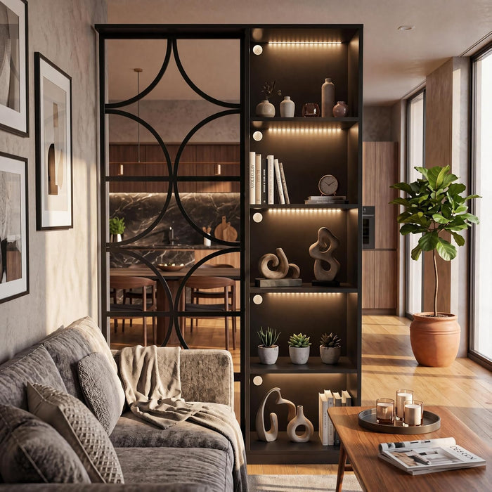 71" Tall Wall Room Divider, Freestanding Entrance Wall Partition with Shelves & LED Light