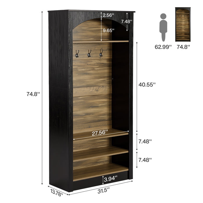 74.8" Hall Tree, 3-Tier Farmhouse Shoe Rack with Coat Rack for Entryway
