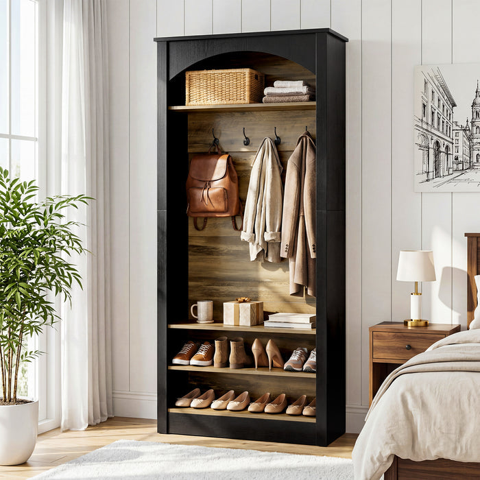 74.8" Hall Tree, 3-Tier Farmhouse Shoe Rack with Coat Rack for Entryway