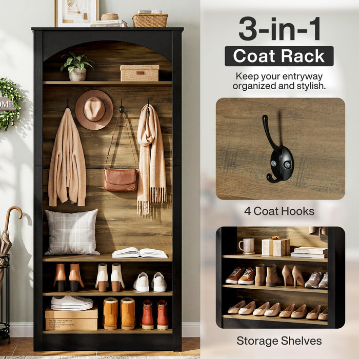74.8" Hall Tree, 3-Tier Farmhouse Shoe Rack with Coat Rack for Entryway